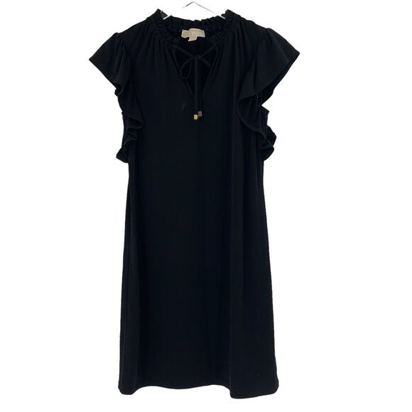 2/$30 MICHAEL Michael Kors Black Dress Size XS Ruffle Gold Accents Tie Neck - Picture 1 of 6